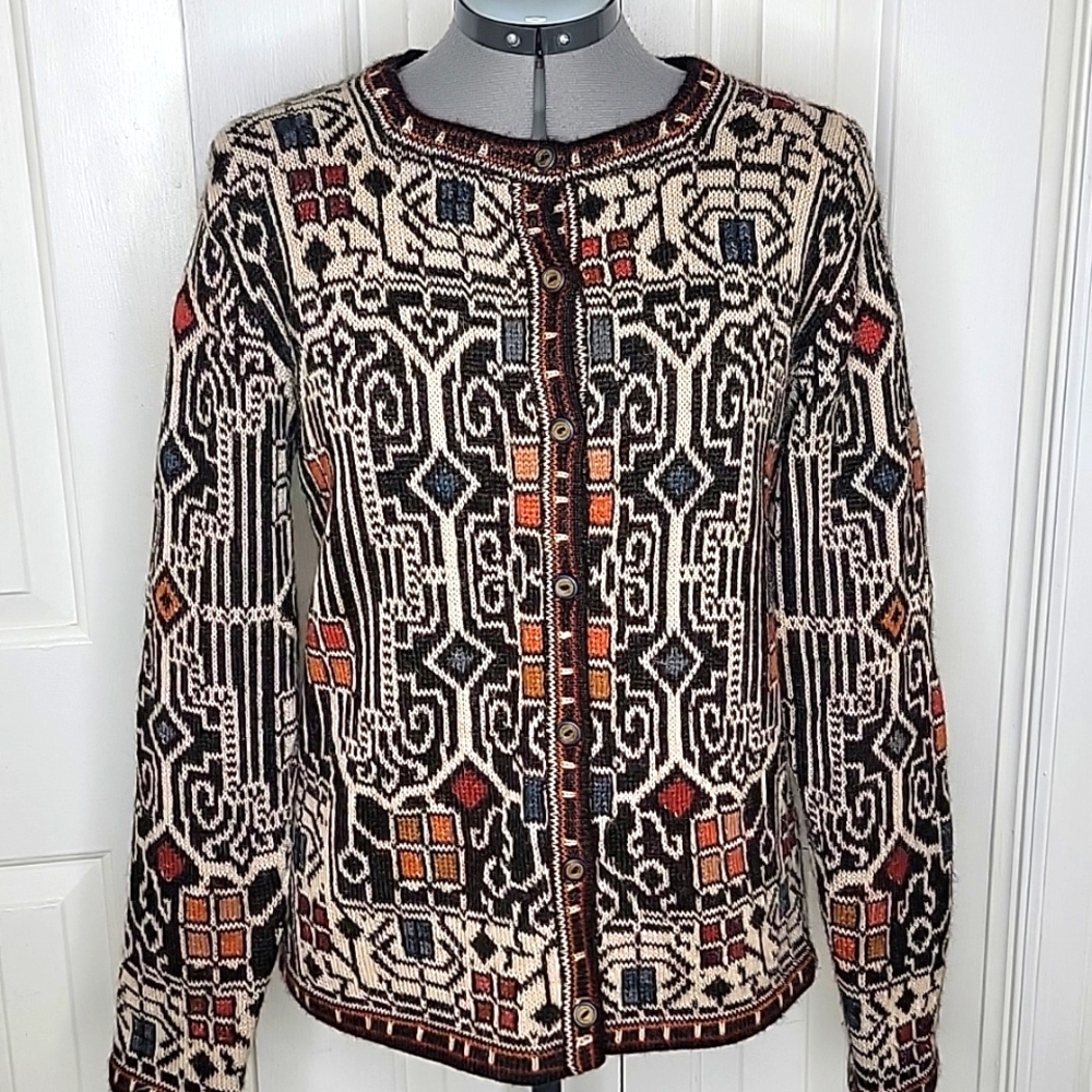 Intiwara Alpaca Handmade Cardigan Sweater Aztec Print Large Brown, Cream, Orange